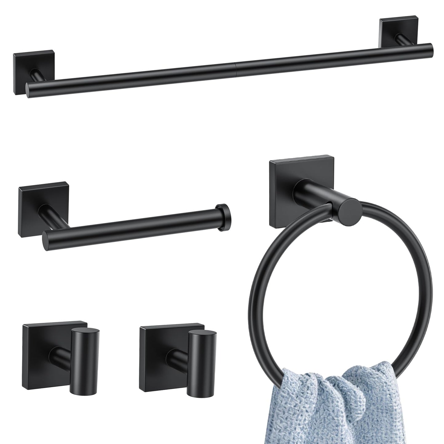 5 Pieces Bathroom Hardware Accessories Set Matte Black Towel Bar Set Stainless Steel Wall-Mounted Towel Holder 23.6 Inch Towel Racks for Bathroom