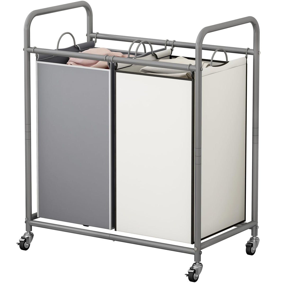 SUOERNUO Laundry Sorter Basket 2 Bag Laundry Hamper Cart with Rolling Lockable Wheels and Removable Bags Laundry Organizer Cart for Clothes Storage, Assorted