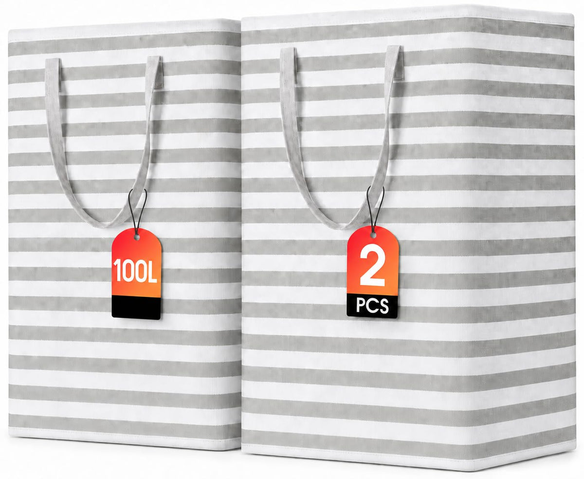 2 Pack Large Laundry Baskets, Laundry Hampers, Freestanding Waterproof Collapsible Clothes Basket with Easy Carry Handles in Laundry Room Bathroom Bedroom Dorm,Grey,75L
