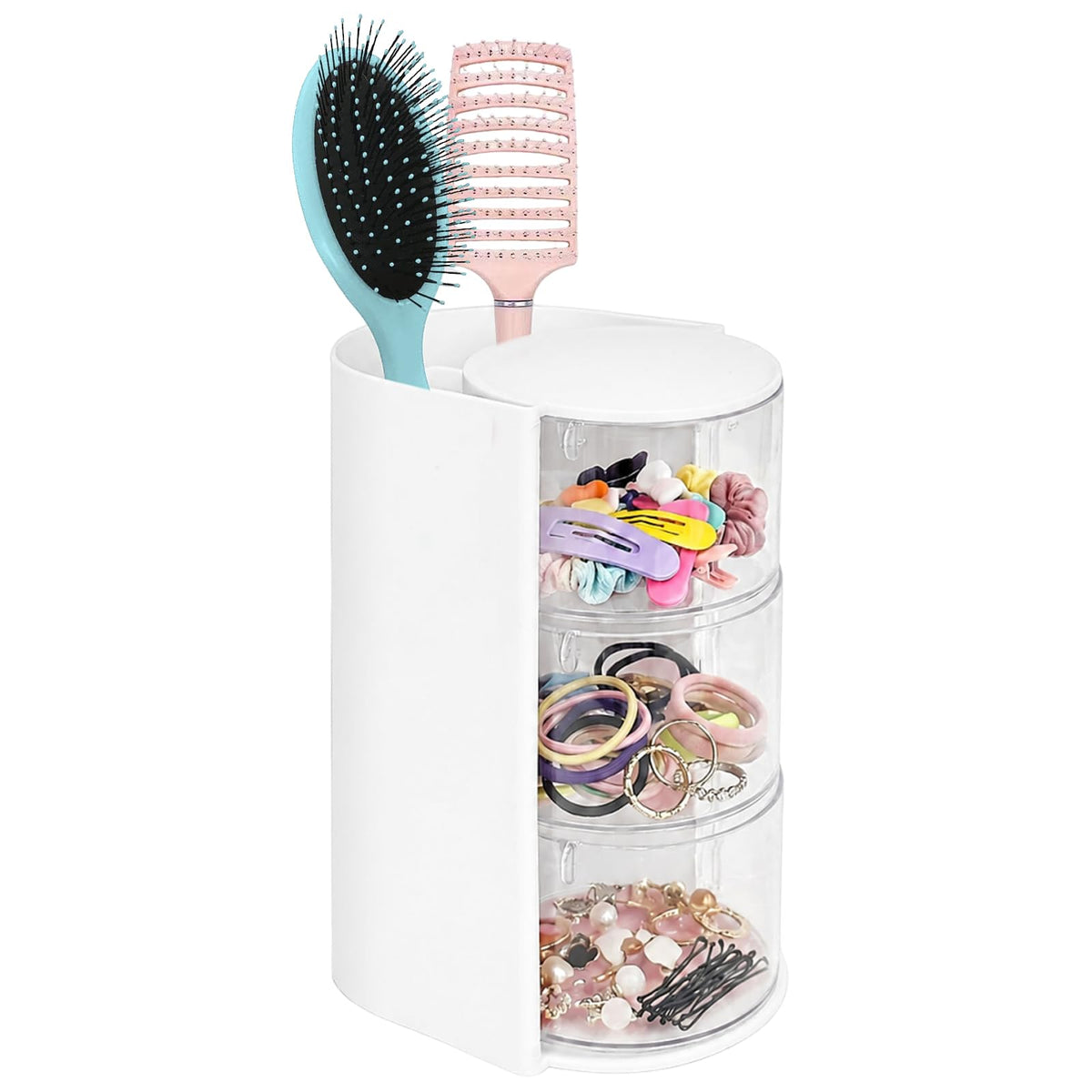 2-Tier Rotating Hair Accessories Organizer Storage - 360° Hair Tie & Hair Brush Organizer, Space-Saving Countertop Cosmetic Display Case for Hair Clips, Jewelry, and Girls (Pink, 2-layer)