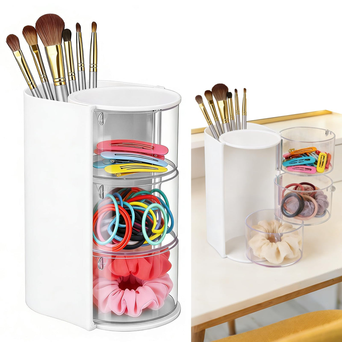 3-Tier Rotating Hair Accessories Organizer, 360° Spinning Storage Stand for Makeup Brushes and Jewelry, Compact Vanity Display Case for Girls, Holds Hair Clips, Earrings, Rings, Bracelets(White)