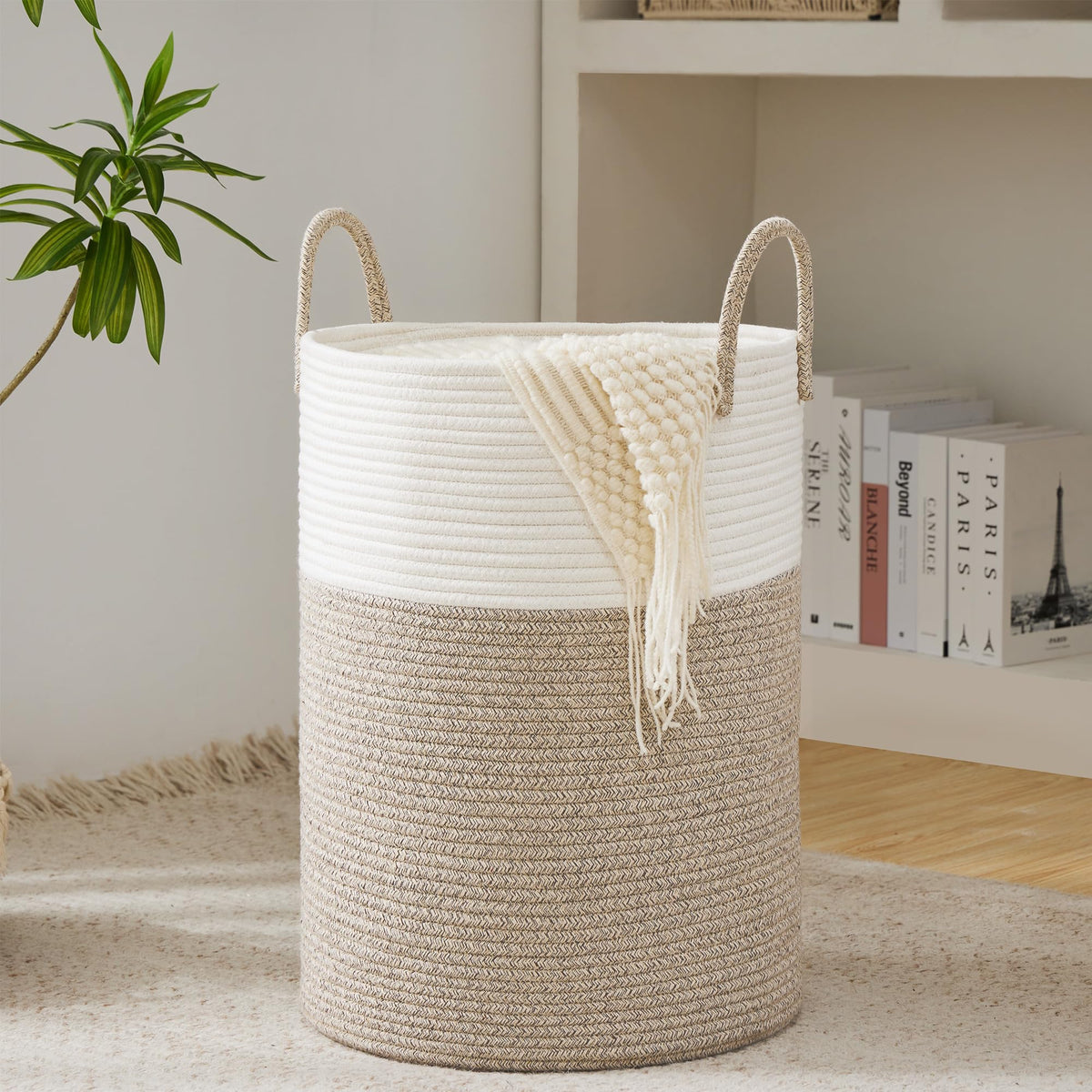 YOUDENOVA Cotton Laundry Hamper, 58L Tall Storage Basket-Brown