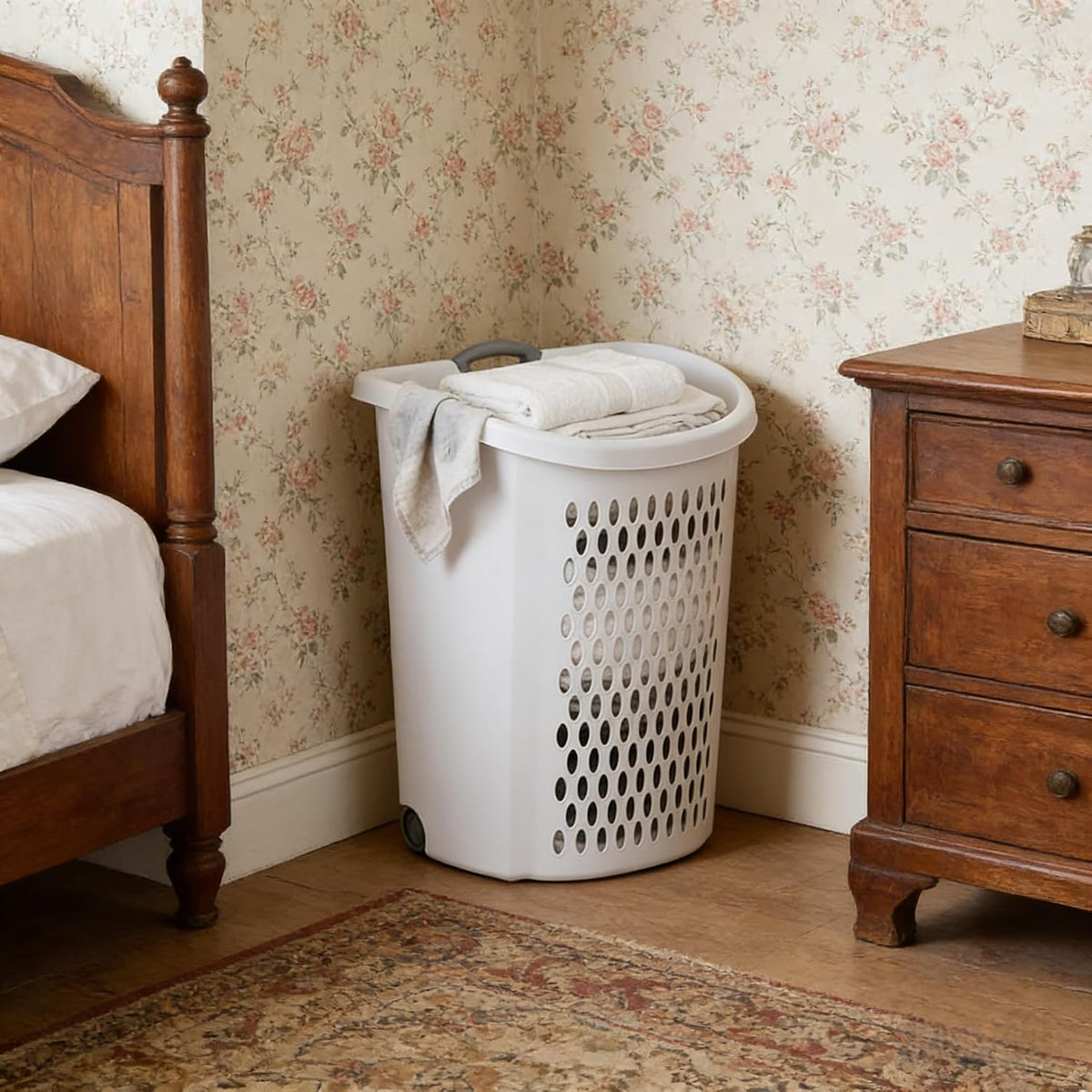 White Lalaundry Basket with Wheels and Lid, Portable Laundry Basket