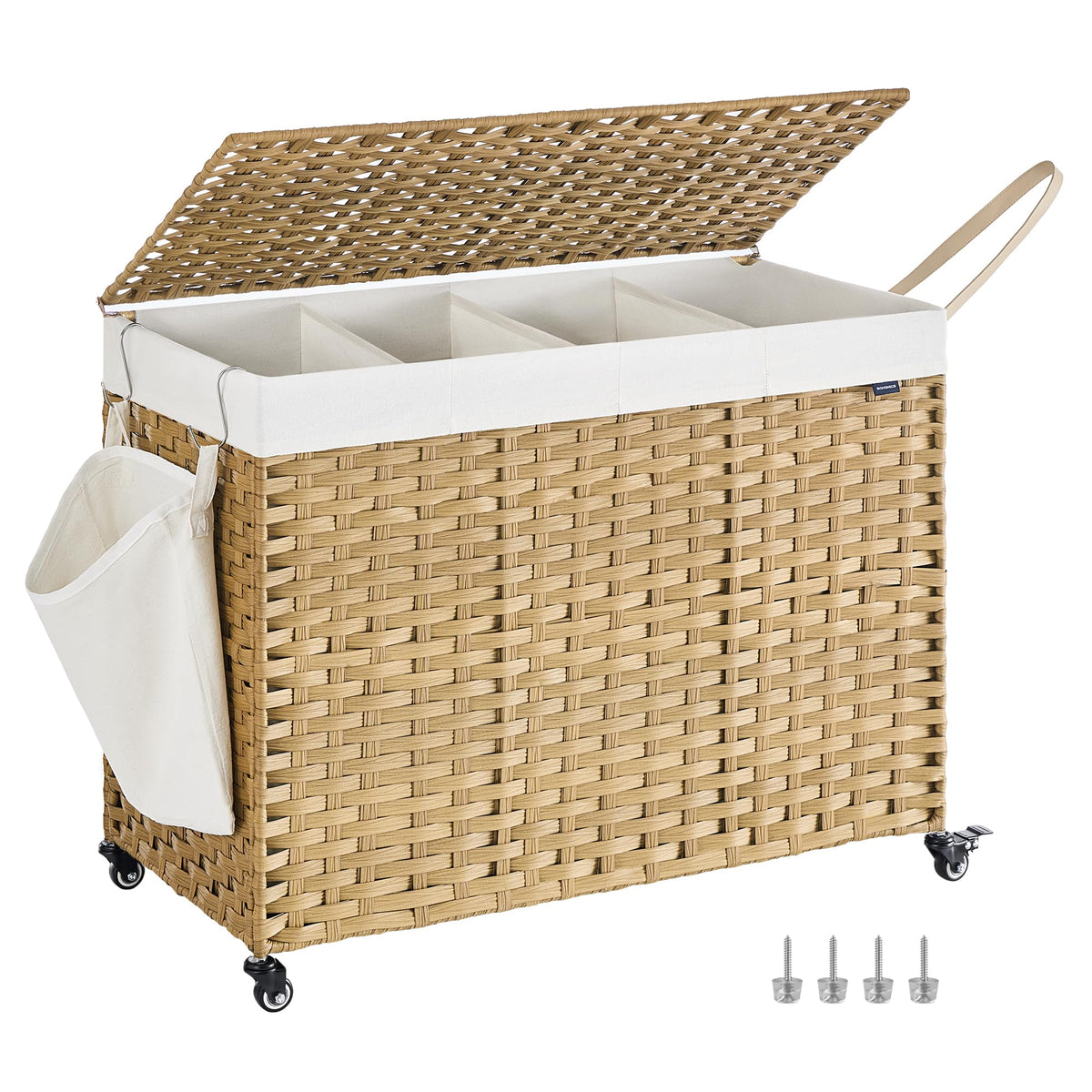 SONGMICS Rolling Laundry Hamper with Lid, 160 L 3-Section Synthetic Rattan
