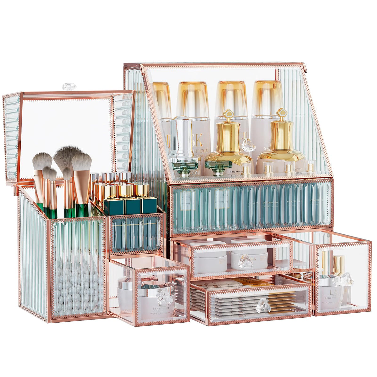 Youdepot Glass Makeup Organizer, 3-in-1 Cosmetic Organizer