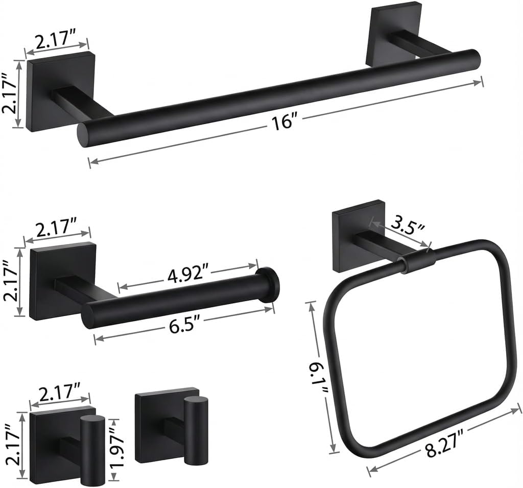 16 in 5-Piece Bathroom Hardware Set, Matte Black