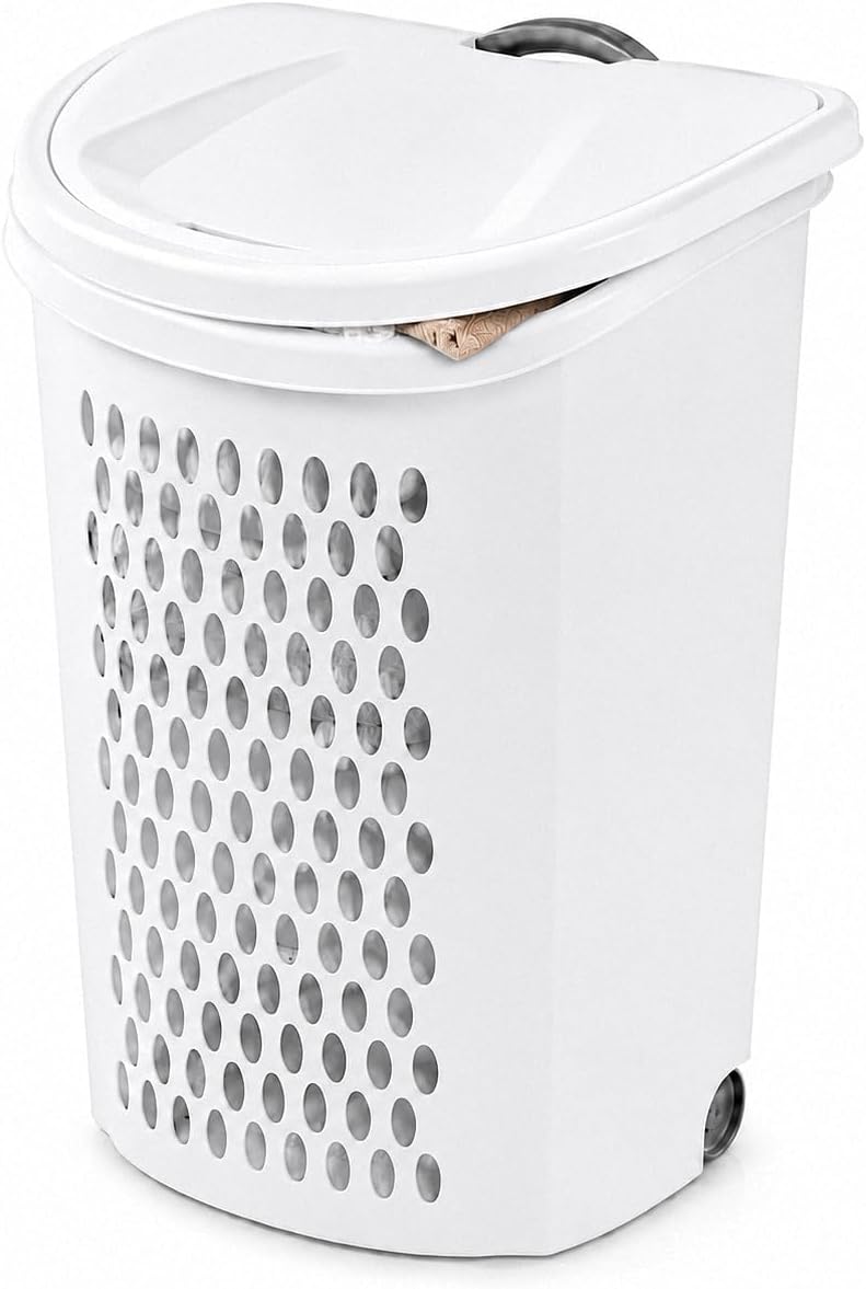 135L White Wheeled Plastic Laundry Hamper - Rolling Laundry Basket with Lid