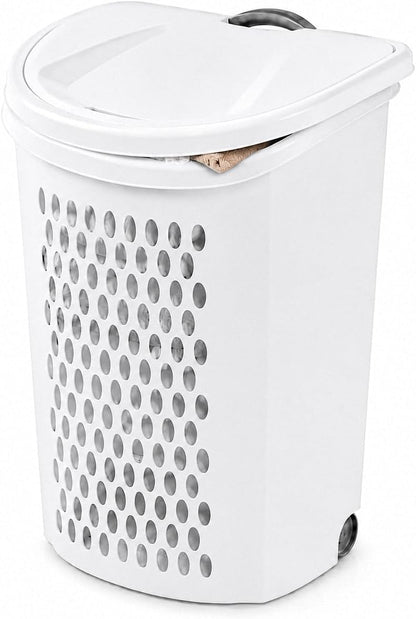 135L White Wheeled Plastic Laundry Hamper - Rolling Laundry Basket with Lid