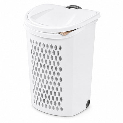 135L White Wheeled Plastic Laundry Hamper - Rolling Laundry Basket with Lid