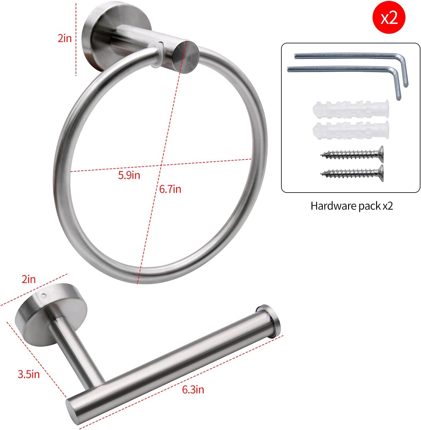 2pcs Brushed Nickel Toilet Paper Holder and Towel Ring Set, Stainless Steel