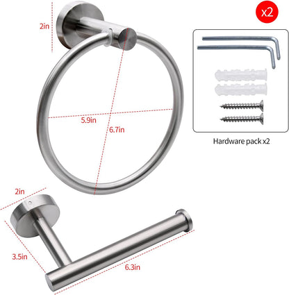 2pcs Brushed Nickel Toilet Paper Holder and Towel Ring Set, Stainless Steel