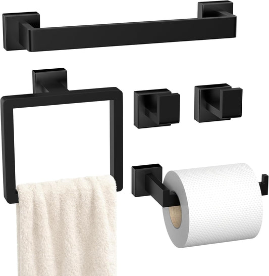 5-Pieces Matte Black Bathroom Accessories Set, 16 Inch Bath Towel Bar Set