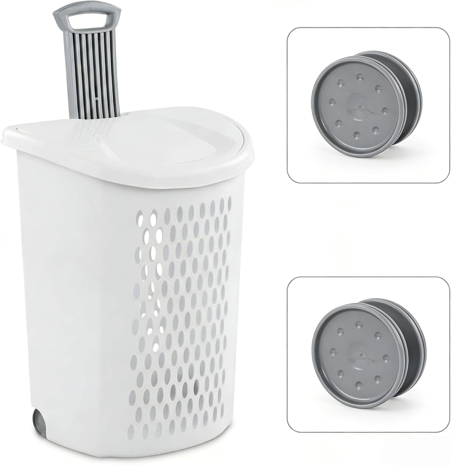 White Lalaundry Basket with Wheels and Lid, Portable Laundry Basket