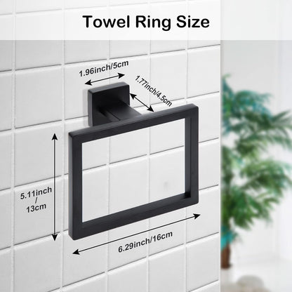 2-Piece Matte Black Square Towel Ring,Modern Hand Towel Holder for Bathroom,Stainless Steel Towel Hangers Wall-Mounted Bathroom Accessories