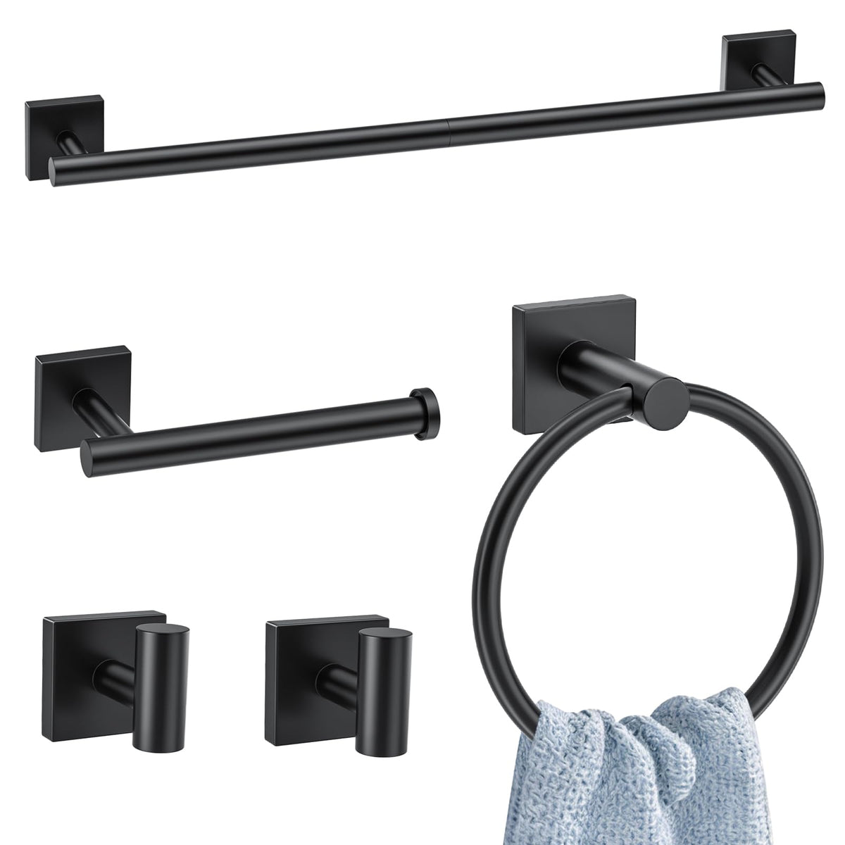 5 Pieces Bathroom Hardware Accessories Set Matte Black Towel Bar Set Stainless Steel Wall-Mounted Towel Holder 23.6 Inch Towel Racks for Bathroom