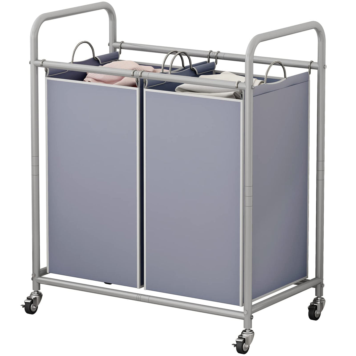 SUOERNUO Laundry Sorter Basket 2 Bag Laundry Hamper Cart with Rolling Lockable Wheels and Removable Bags Laundry Organizer Cart for Clothes Storage, Assorted