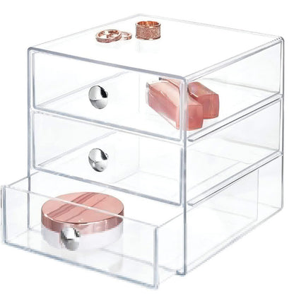 AJIODA Makeup Drawer Organizer Box with 3 Drawers, Acrylic Cosmetic Display Case Vanity Organizer Jewelry Storage Box Stackable Storage for Cosmetics, Skin Care, Bathroom, Countertop, Pink