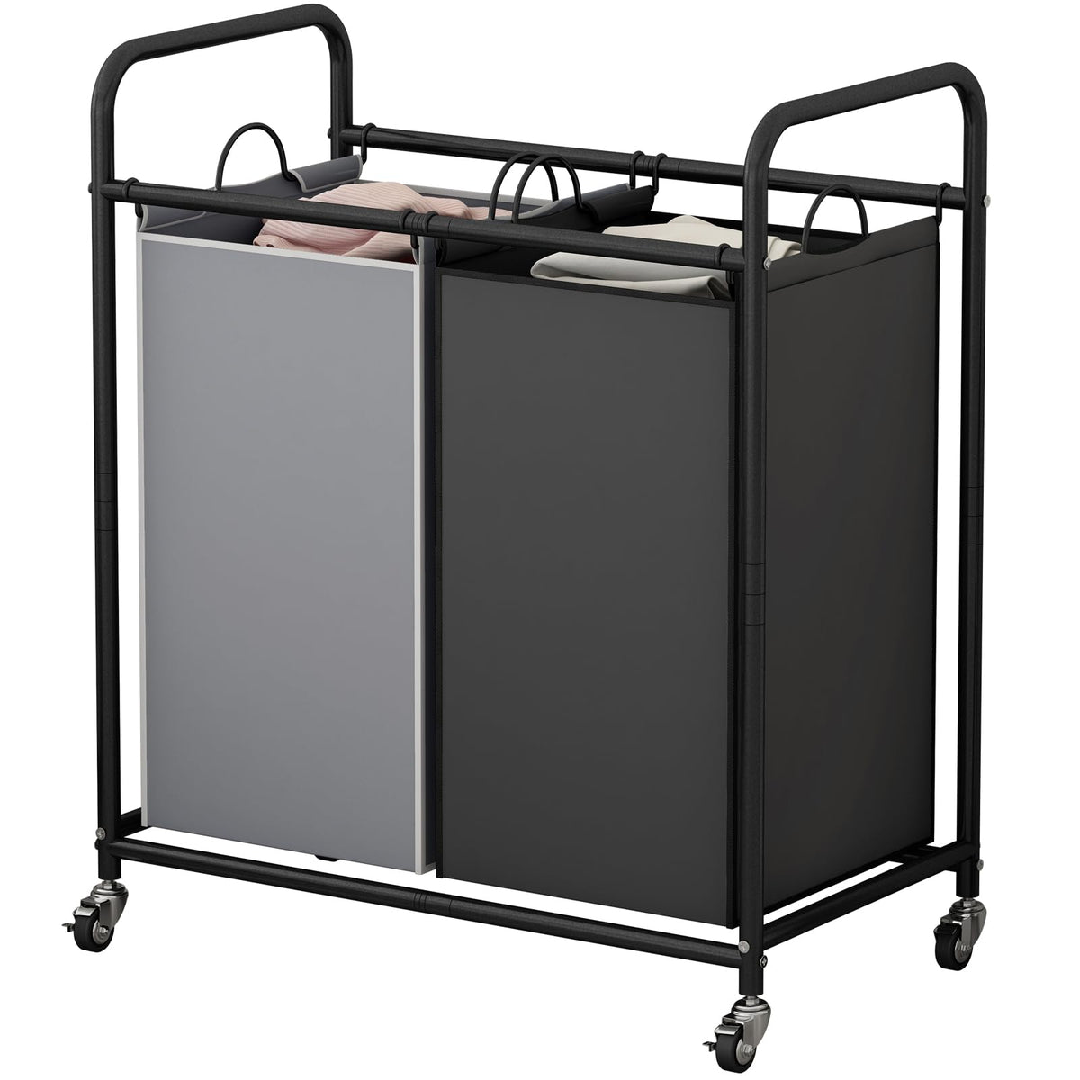 SUOERNUO Laundry Sorter Basket 2 Bag Laundry Hamper Cart with Rolling Lockable Wheels and Removable Bags Laundry Organizer Cart for Clothes Storage, Assorted
