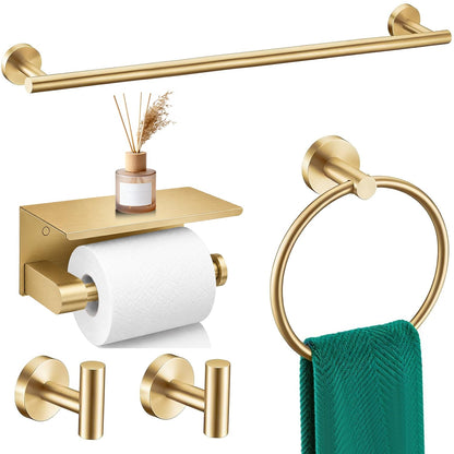 6 Pieces Brushed Gold Bathroom Hardware Accessories Set, SUS304 Stainless Steel 24 Inch Bath Towel Bar Set, Round Bathroom Towel Holder Set, Towel Racks for Bathroom Wall Mounted