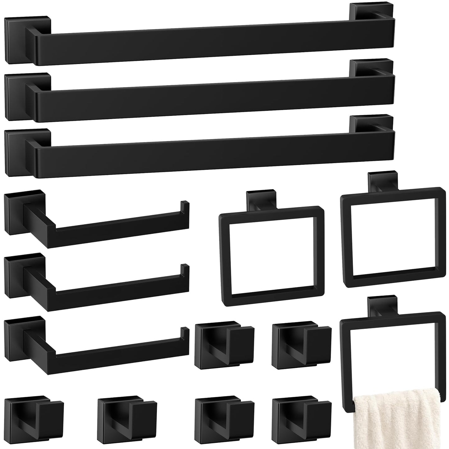 5-Pieces Matte Black Bathroom Accessories Set, 16 Inch Bath Towel Bar Set