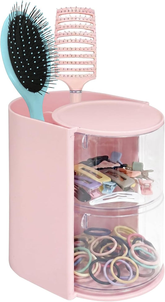2-Tier Rotating Hair Accessories Organizer Storage - 360° Hair Tie & Hair Brush Organizer, Space-Saving Countertop Cosmetic Display Case for Hair Clips, Jewelry, and Girls (Pink, 2-layer)