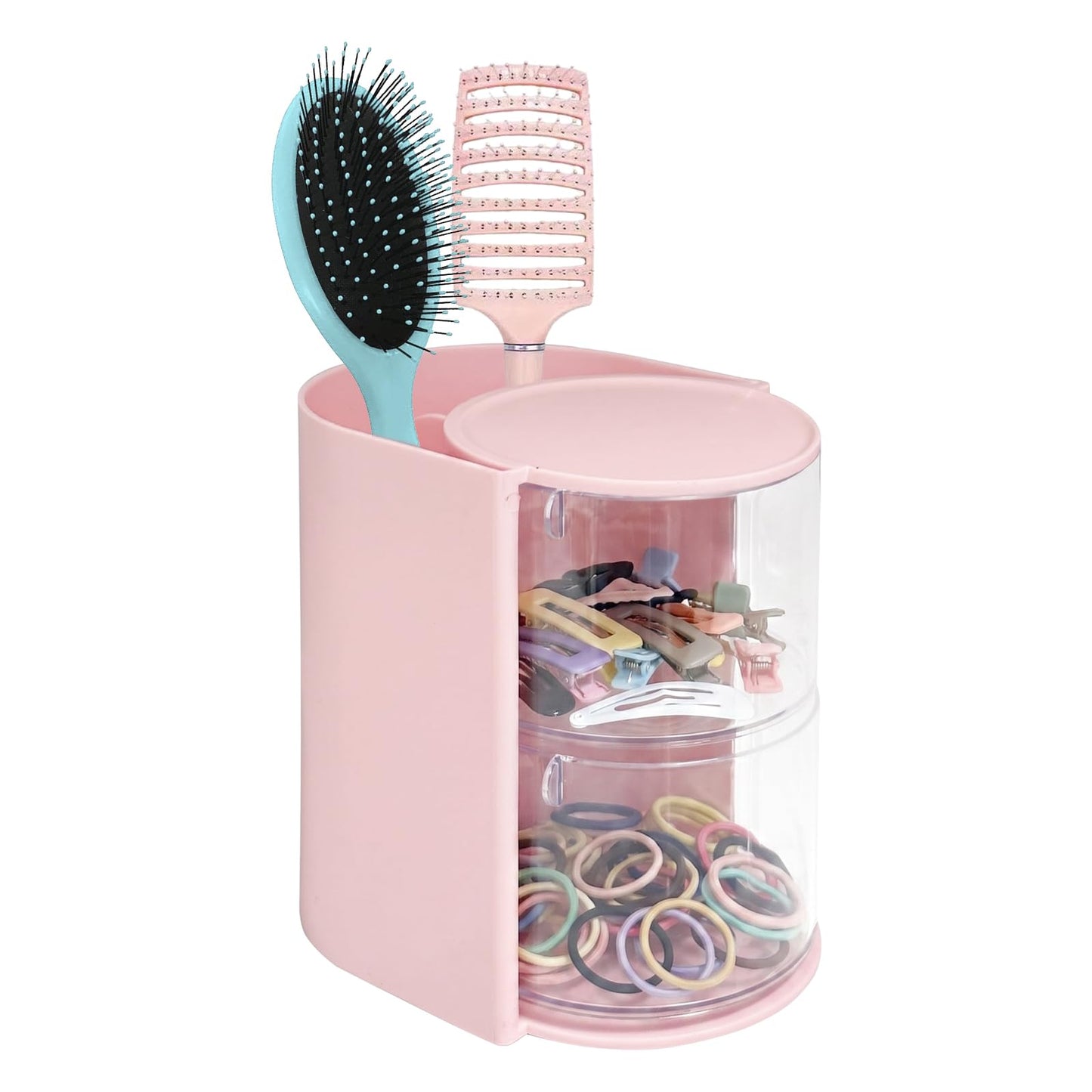 2-Tier Rotating Hair Accessories Organizer Storage - 360° Hair Tie & Hair Brush Organizer, Space-Saving Countertop Cosmetic Display Case for Hair Clips, Jewelry, and Girls (Pink, 2-layer)