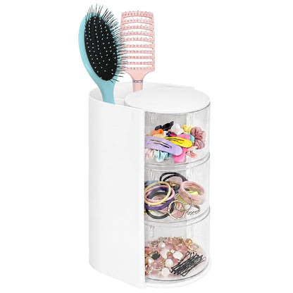 2-Tier Rotating Hair Accessories Organizer Storage - 360° Hair Tie & Hair Brush Organizer, Space-Saving Countertop Cosmetic Display Case for Hair Clips, Jewelry, and Girls (Pink, 2-layer)