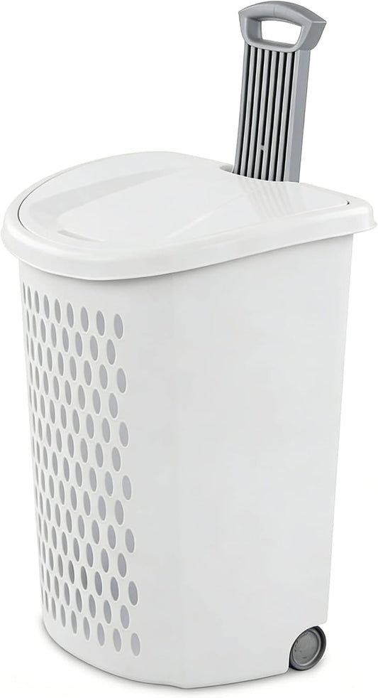 White Lalaundry Basket with Wheels and Lid, Portable Laundry Basket
