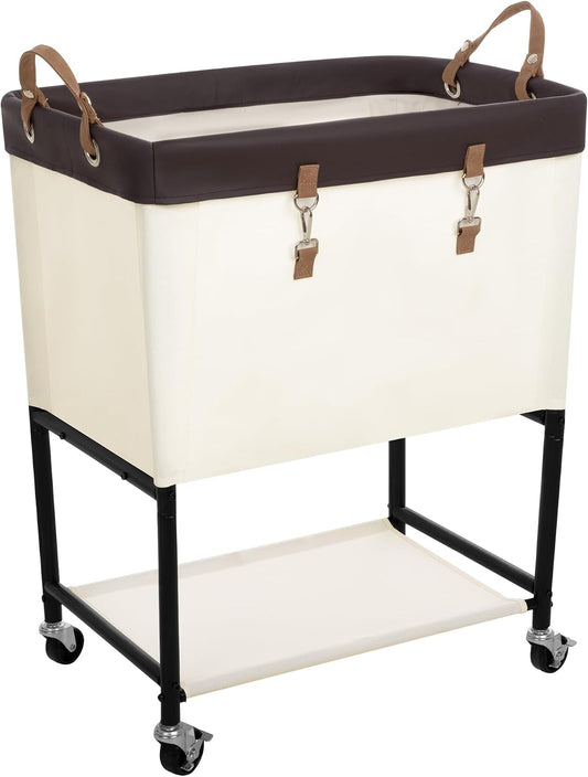 StorageWorks Laundry Cart, 2 Tier Rolling Basket with Wheels, 29 Gal, Beige