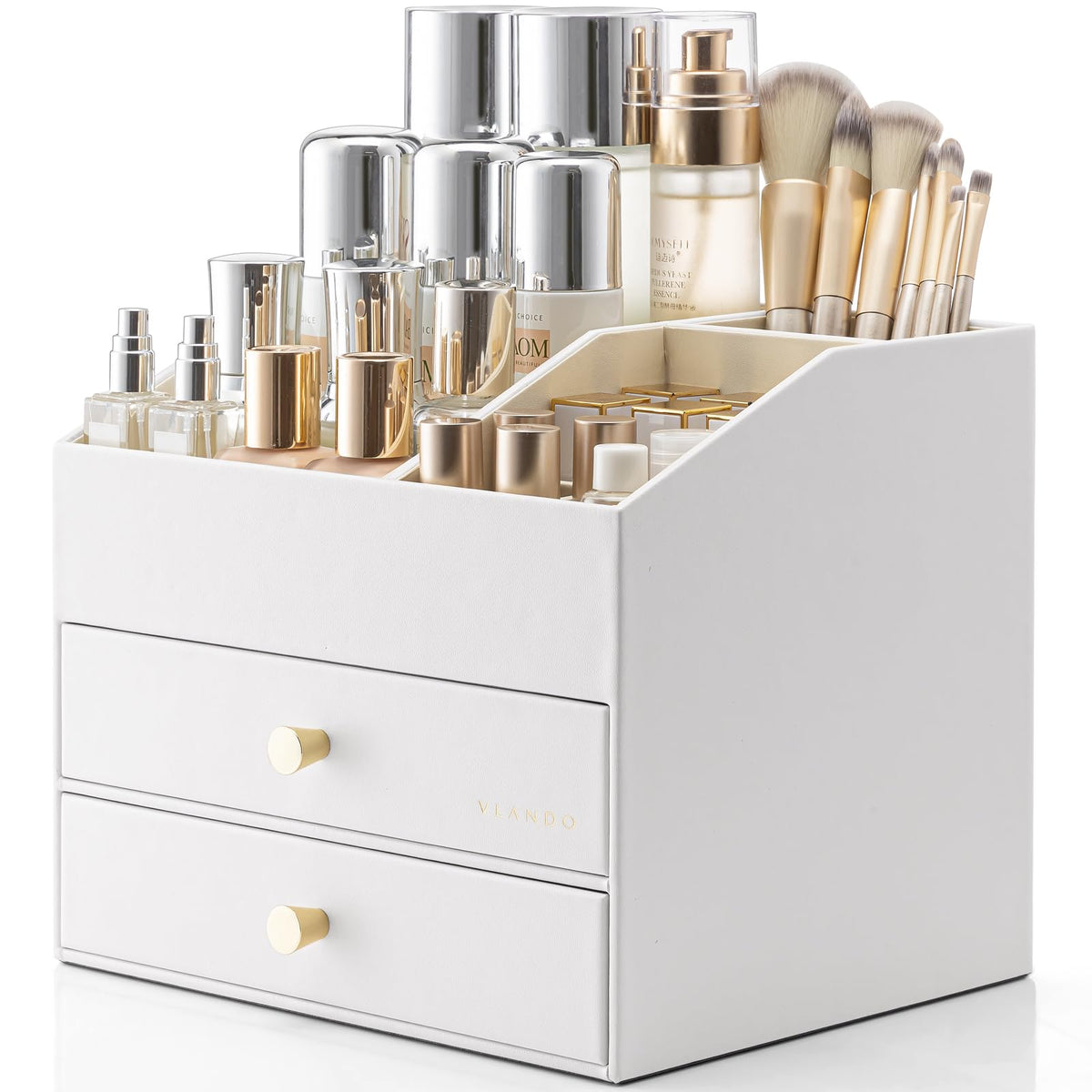 VLANDO 3-Layer Makeup Organizer with 2 Large Drawers for Vanity,Beige
