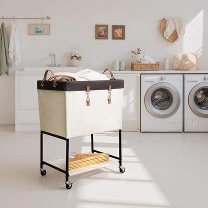 StorageWorks Laundry Cart, 2 Tier Rolling Basket with Wheels, 29 Gal, Beige