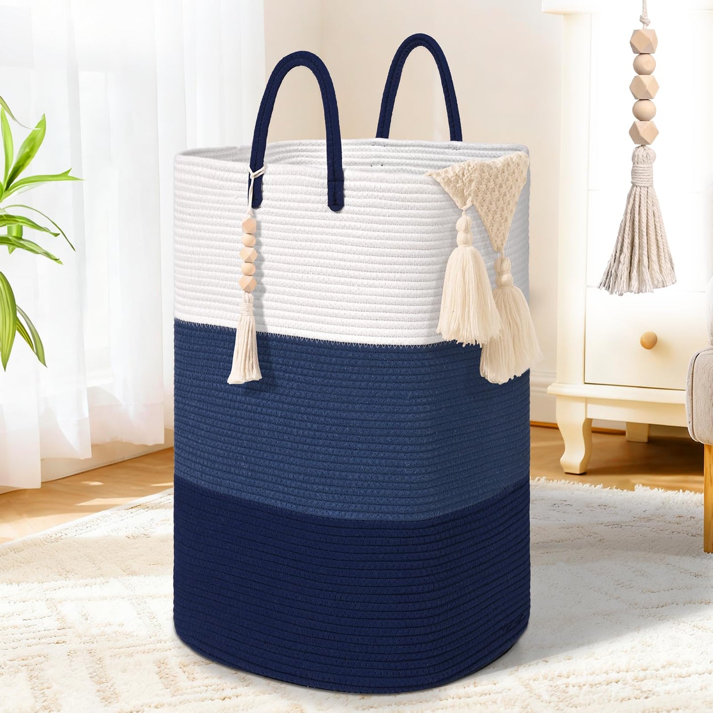 65L Woven Laundry Basket for Clothes, Large Rectangle Laundry Hampers with Beads Tassel, Nursery Storage Basket for Toys, Tall Dirty Clothes Hamper for Bedroom Aesthetic, Laundry Room Organization