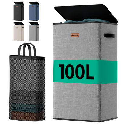 100L Large Capacity Laundry Hamper, Collapsible Laundry Basket Space-Saving, Clothes Hamper with Lid and Removable Bag for Bathroom Bedroom Laundry Room Dorm