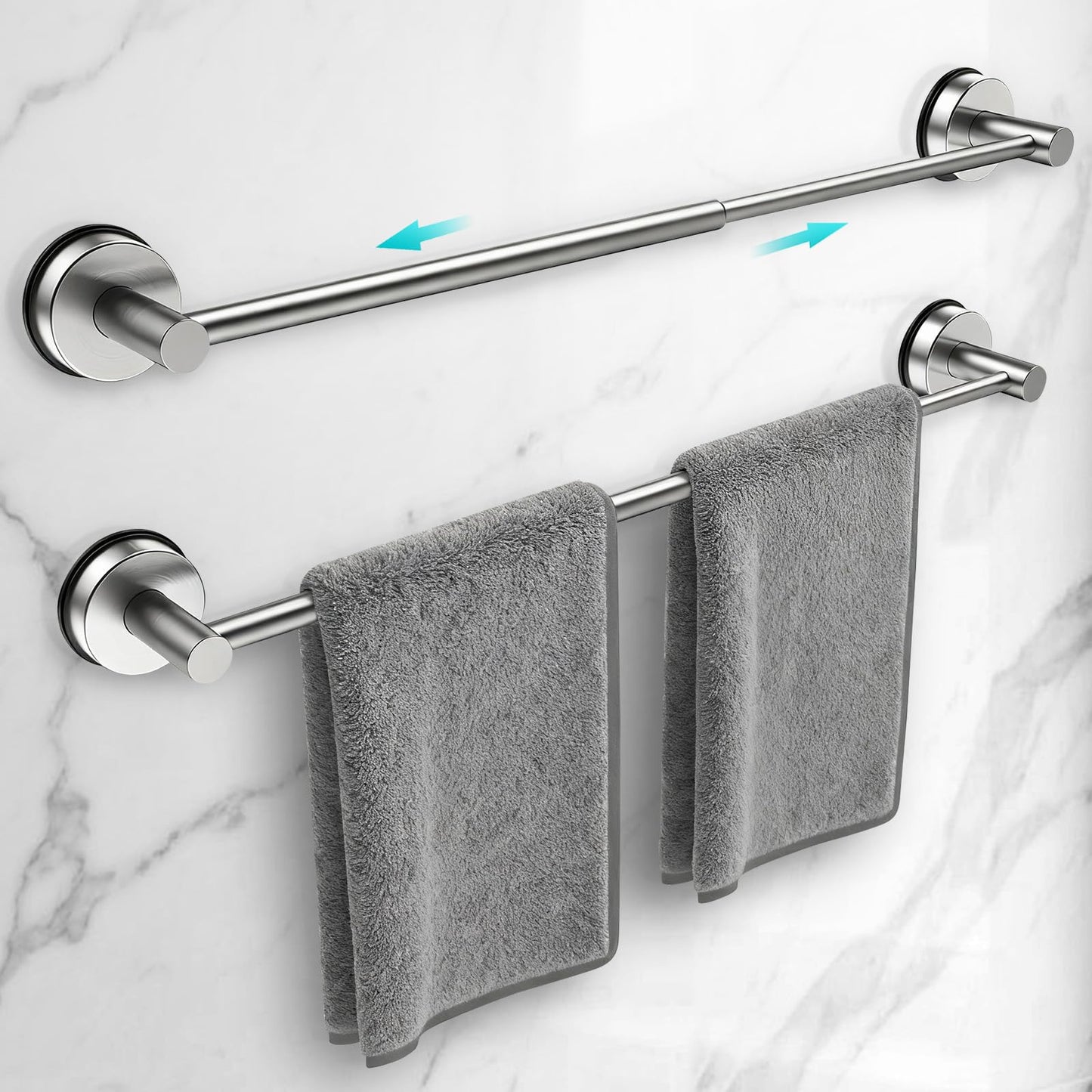 Adjustable Suction Cup Towel Bar for Bathroom Wall,14.6Inch~24 Inch Towel Racks for Bathroom,Stainless Steel Bath Towel Holder for Shower(Matte Black)