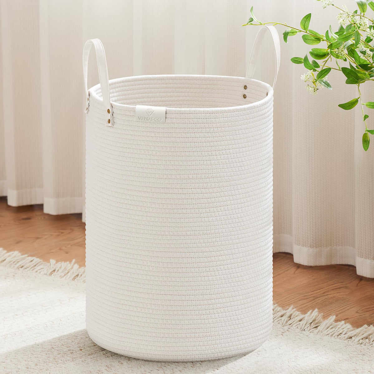 VIPOSCO 100L Tall Woven Rope Laundry Hamper, Leather Handles, White & Brown