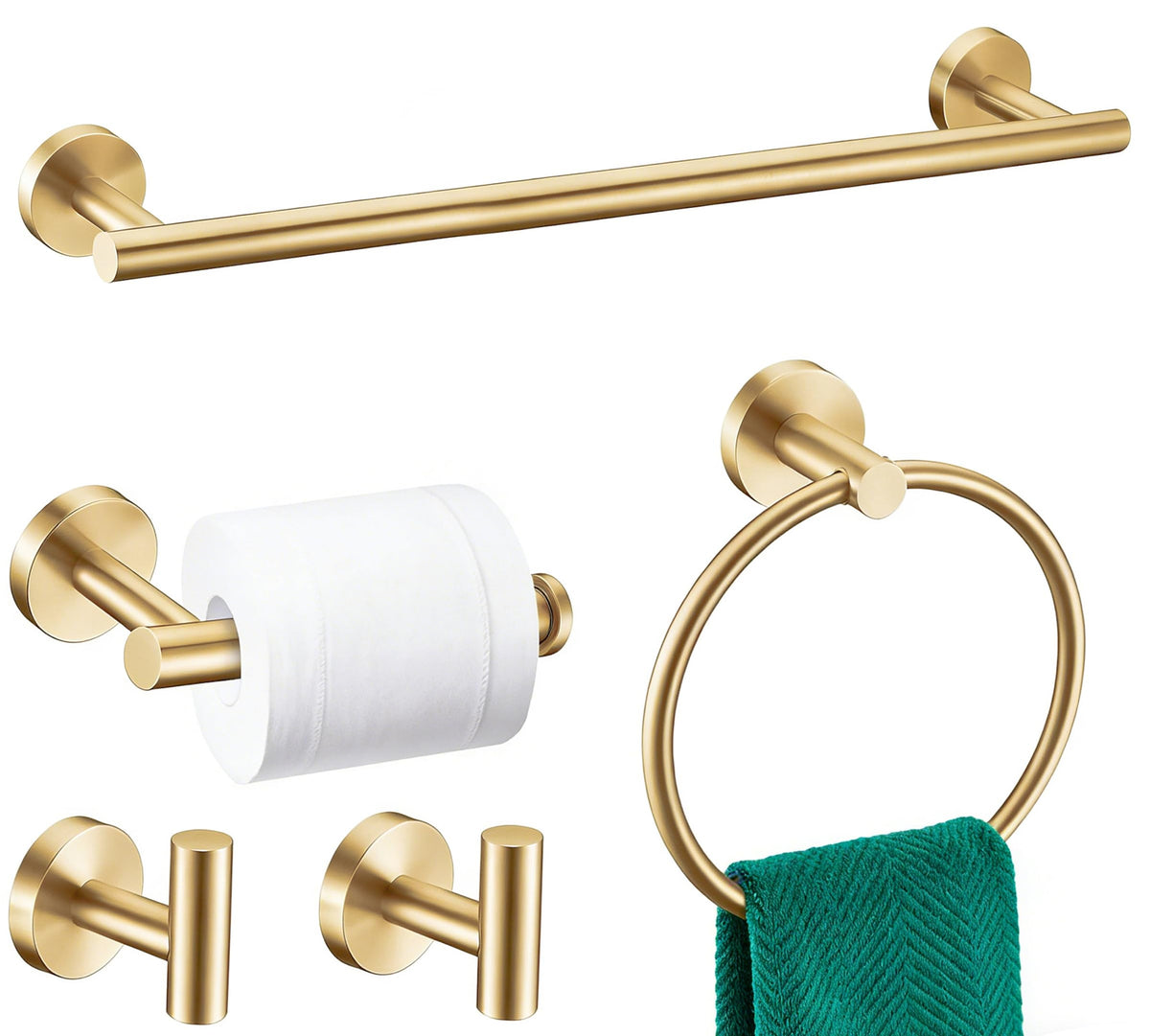 6 Pieces Brushed Gold Bathroom Hardware Accessories Set, SUS304 Stainless Steel 24 Inch Bath Towel Bar Set, Round Bathroom Towel Holder Set, Towel Racks for Bathroom Wall Mounted