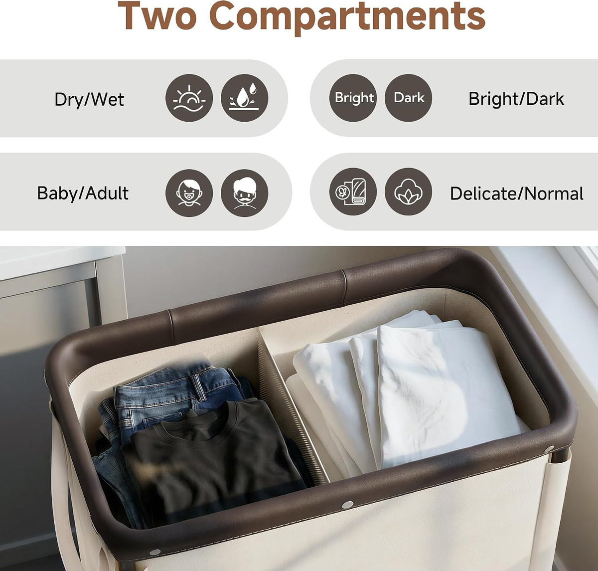 StorageWorks 2 Section Laundry Hamper, 100L Beige Sorter Cart with Wheels