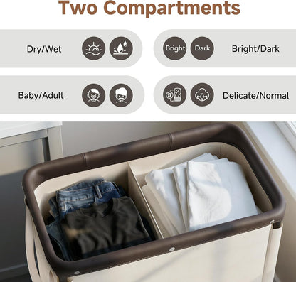 StorageWorks 2 Section Laundry Hamper, 100L Beige Sorter Cart with Wheels
