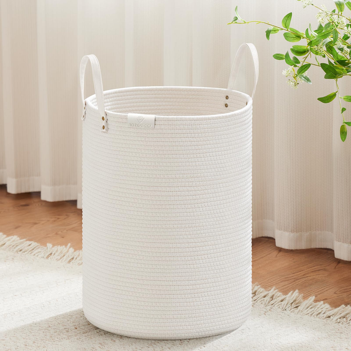 VIPOSCO 100L Tall Woven Rope Laundry Hamper, Leather Handles, White & Brown