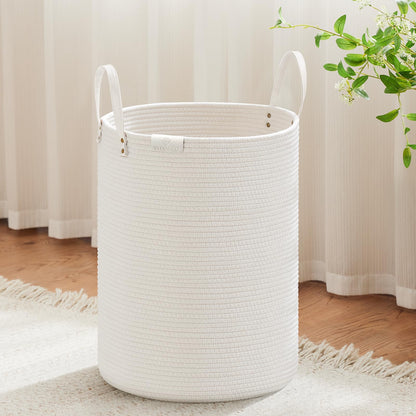 VIPOSCO 100L Tall Woven Rope Laundry Hamper, Leather Handles, White & Brown