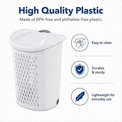 135L White Wheeled Plastic Laundry Hamper - Rolling Laundry Basket with Lid