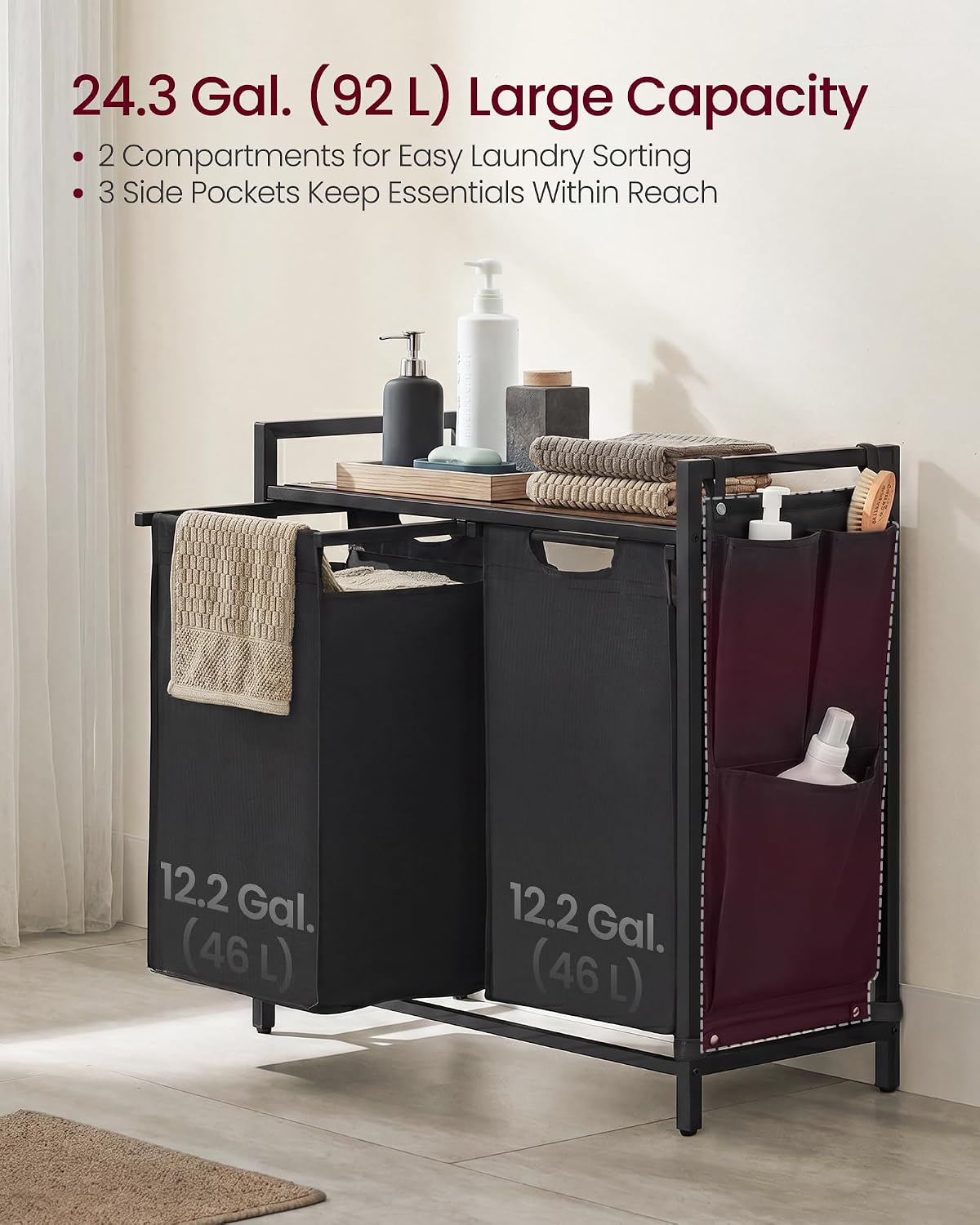 VASAGLE Laundry Hamper with Shelf, 2 Pull-Out Bags, 2 x 12.1 Gallons (46 L)