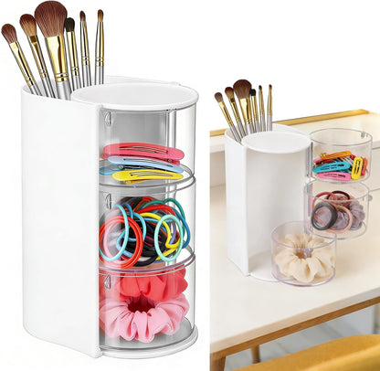 3-Tier Rotating Hair Accessories Organizer, 360° Spinning Storage Stand for Makeup Brushes and Jewelry, Compact Vanity Display Case for Girls, Holds Hair Clips, Earrings, Rings, Bracelets(White)