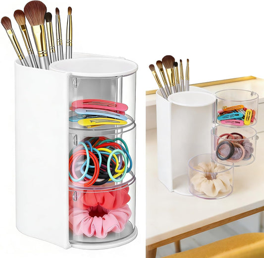 3-Tier Rotating Hair Accessories Organizer, 360° Spinning Storage Stand for Makeup Brushes and Jewelry, Compact Vanity Display Case for Girls, Holds Hair Clips, Earrings, Rings, Bracelets(White)