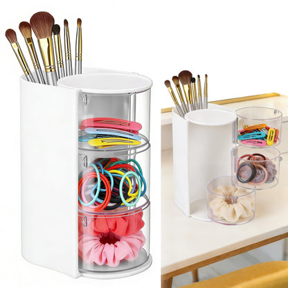 3-Tier Rotating Hair Accessories Organizer, 360° Spinning Storage Stand for Makeup Brushes and Jewelry, Compact Vanity Display Case for Girls, Holds Hair Clips, Earrings, Rings, Bracelets(White)