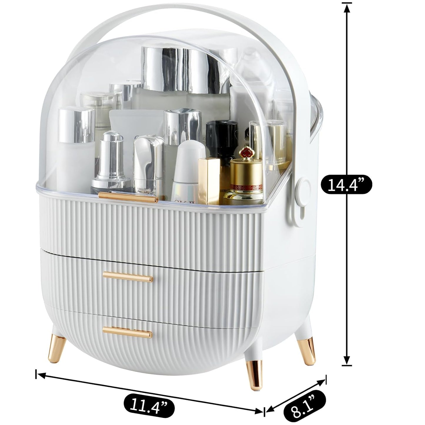 CANITORON Makeup Organizer,Skincare Organizer with 2 Drawers and Transparent Cover,Cosmetic Display Case for Vanity Organizer and Bathroom Countertop Storage.(White)
