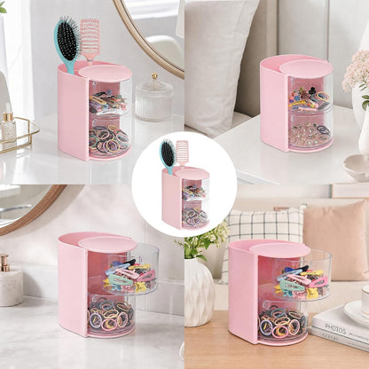 2-Tier Rotating Hair Accessories Organizer Storage - 360° Hair Tie & Hair Brush Organizer, Space-Saving Countertop Cosmetic Display Case for Hair Clips, Jewelry, and Girls (Pink, 2-layer)