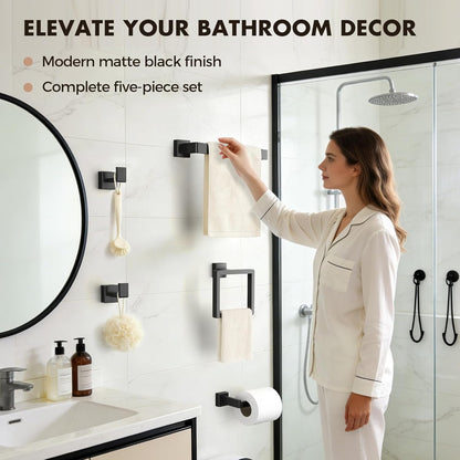 5-Pieces Matte Black Bathroom Accessories Set, 16 Inch Bath Towel Bar Set