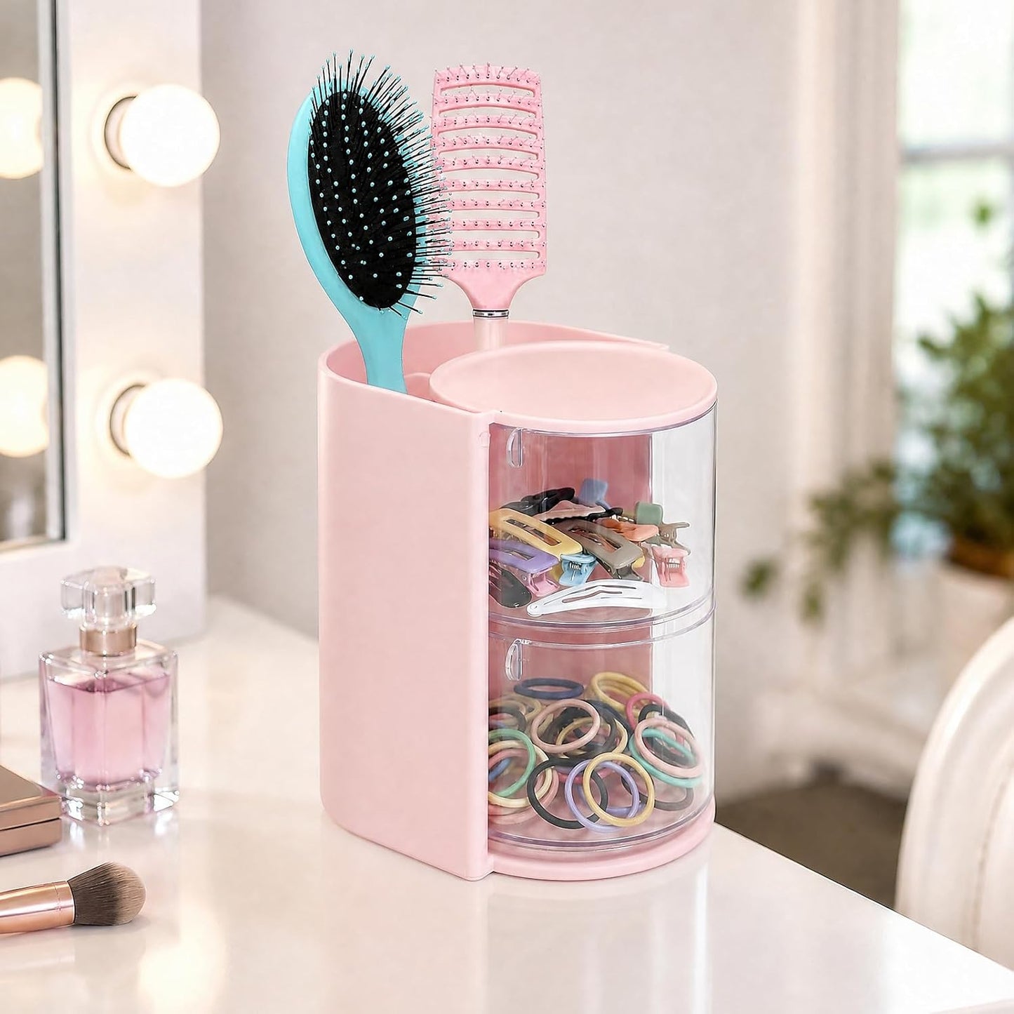 2-Tier Rotating Hair Accessories Organizer Storage - 360° Hair Tie & Hair Brush Organizer, Space-Saving Countertop Cosmetic Display Case for Hair Clips, Jewelry, and Girls (Pink, 2-layer)