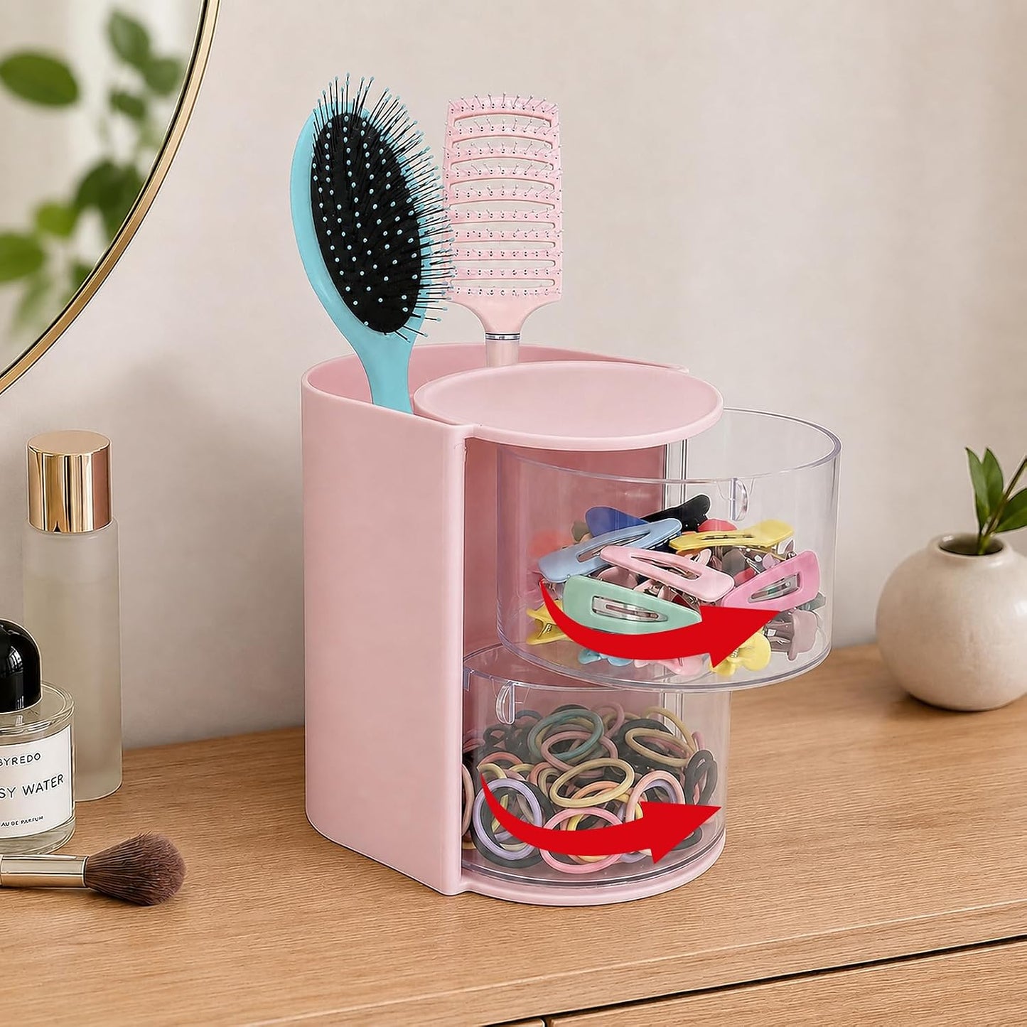 2-Tier Rotating Hair Accessories Organizer Storage - 360° Hair Tie & Hair Brush Organizer, Space-Saving Countertop Cosmetic Display Case for Hair Clips, Jewelry, and Girls (Pink, 2-layer)